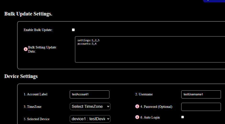 Account nav, bulk and device settings